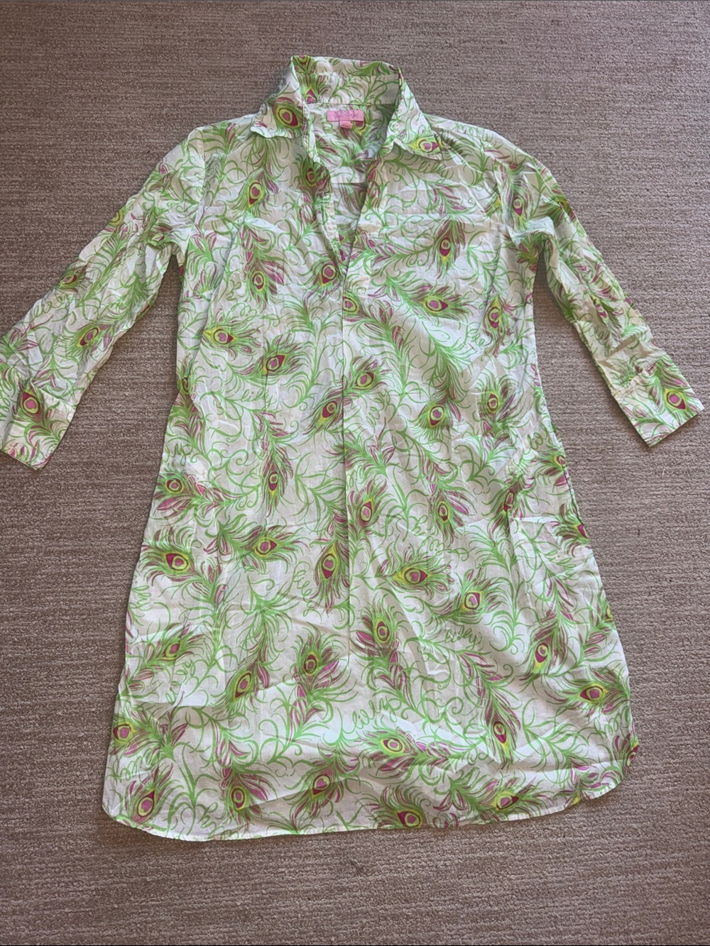 Lilly Pulitzer Pilar Tunic Dress Women Small Green Pink Peacock Feather Caftan